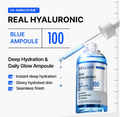 Wellage Real Hyaluronic Blue Ampoule 100 promotional graphic showing a clear dropper bottle with blue liquid, a glass pipette above it, and marketing text on a white background. Wellage Real Hyaluronic Blue Ampoule 100 60ml