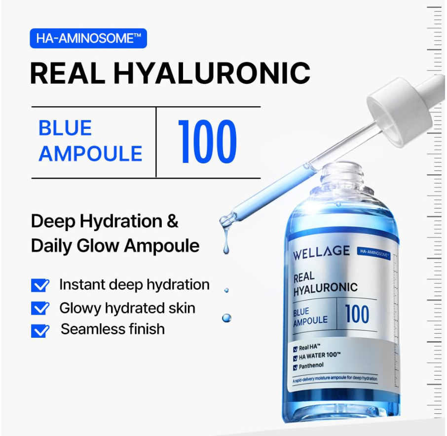 Wellage Real Hyaluronic Blue Ampoule 100 promotional graphic showing a clear dropper bottle with blue liquid, a glass pipette above it, and marketing text on a white background. Wellage Real Hyaluronic Blue Ampoule 100 60ml