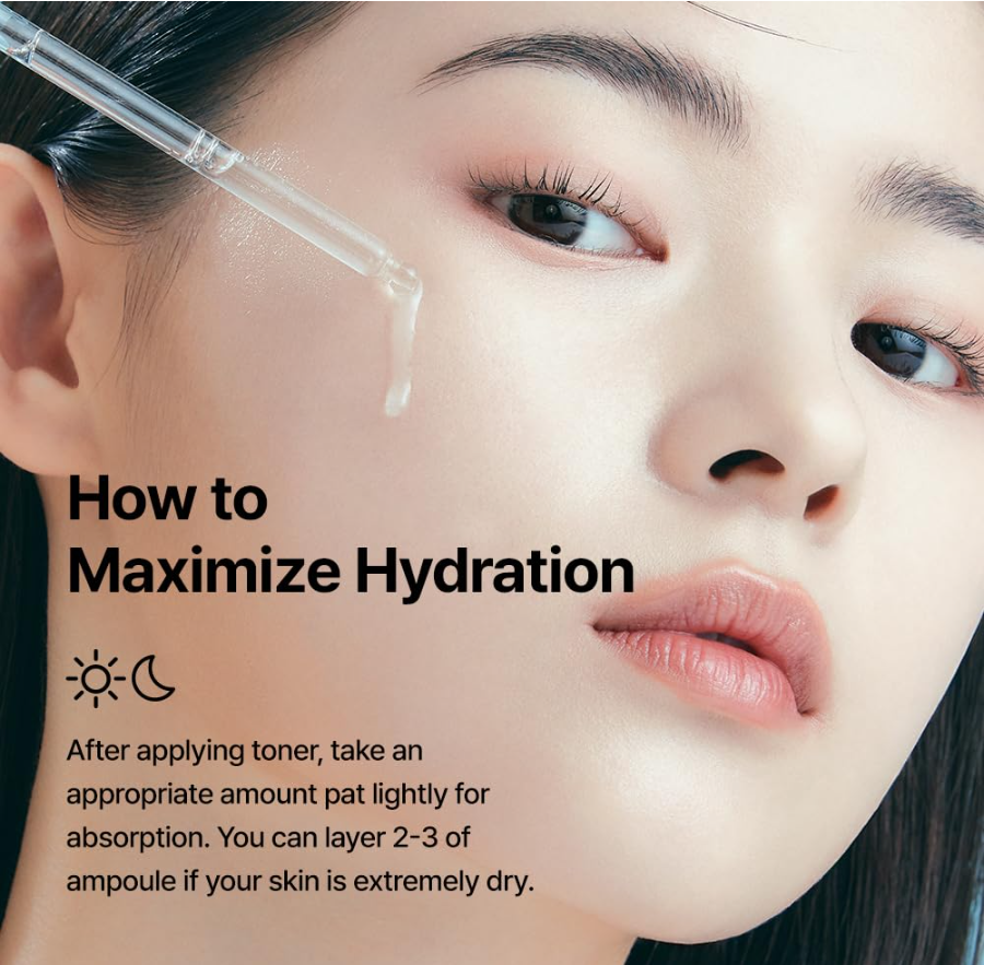 Close-up of a woman's face with a clear dropper applying serum, overlaid with the text 'How to Maximize Hydration' and application instructions. Wellage Real Hyaluronic Blue Ampoule 100 60ml