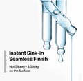 Promotional graphic for a transparent liquid or adhesive finish, showing three glass pipette-style tubes with clear droplets and text reading 'Instant Sink-in Seamless Finish' and 'Not Slippery & Sticky on the Surface' on a white background. Wellage Real Hyaluronic Blue Ampoule 100 60ml