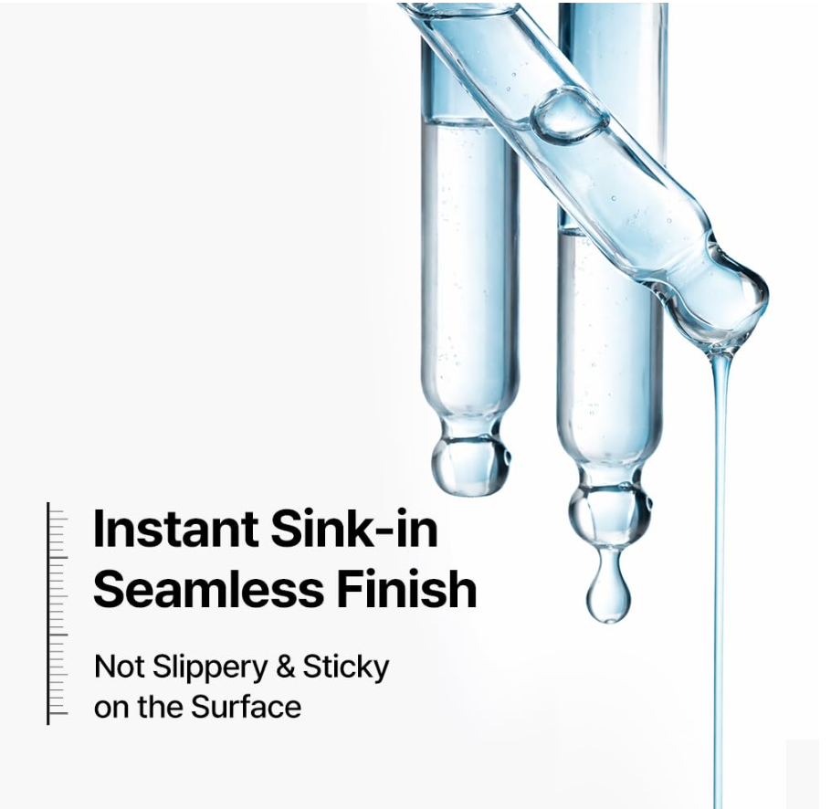 Promotional graphic for a transparent liquid or adhesive finish, showing three glass pipette-style tubes with clear droplets and text reading 'Instant Sink-in Seamless Finish' and 'Not Slippery & Sticky on the Surface' on a white background. Wellage Real Hyaluronic Blue Ampoule 100 60ml