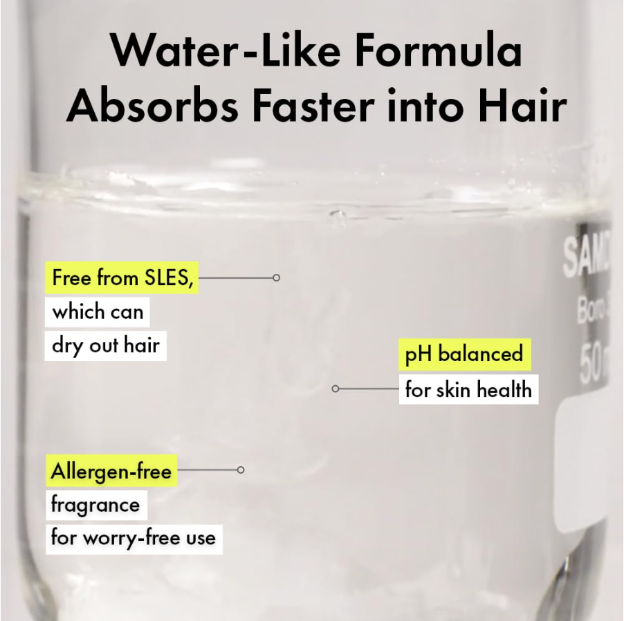 A close-up of a clear cylindrical bottle or jar containing a translucent white liquid, with promotional text callouts reading 'Water-Like Formula Absorbs Faster into Hair,' 'Free from SLES, which can dry out hair,' 'pH balanced for skin health,' and 'Allergen-free fragrance for worry-free use.'. Grabity Hair Lifting Water Conditioner 270ml