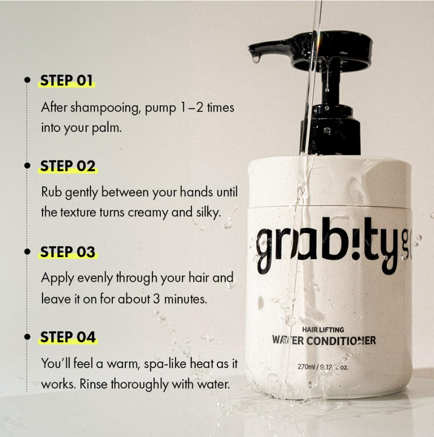 A bottle of grab!ty hairlifting water conditioner with a black pump, shown with instructional text on how to use it. The bottle is white with black lettering and is set against a light background with water dripping from the pump and around the base. Grabity Hair Lifting Water Conditioner 270ml