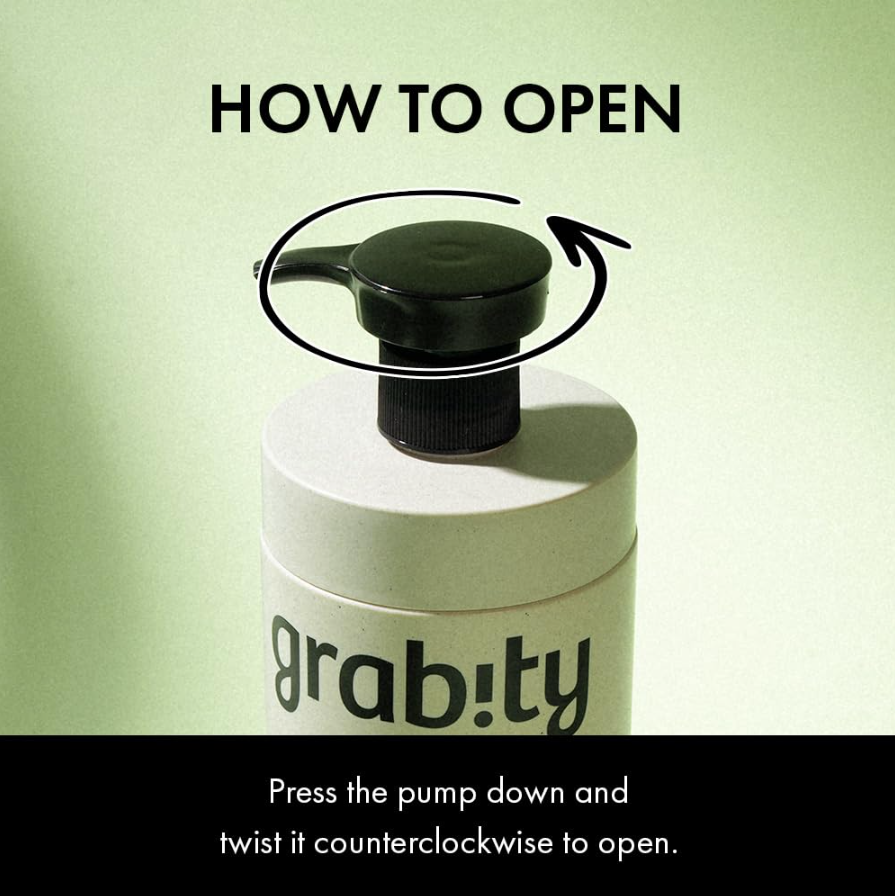 Instruction graphic showing a Grabity pump bottle with the text 'HOW TO OPEN' and an arrow indicating the pump should be twisted counterclockwise to open. A black instruction bar is at the bottom with additional text. Grabity Hair Lifting Water Conditioner 270ml
