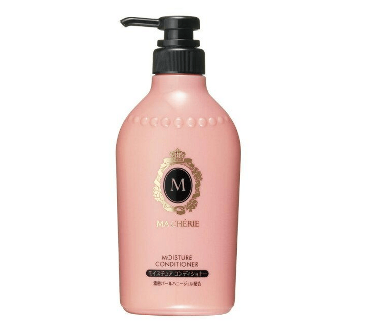 A pink bottle of Manichie Moisture Conditioner with a black pump dispenser and gold monogram logo, set against a plain white background. MA Cherie Moisture Conditioner 450ml