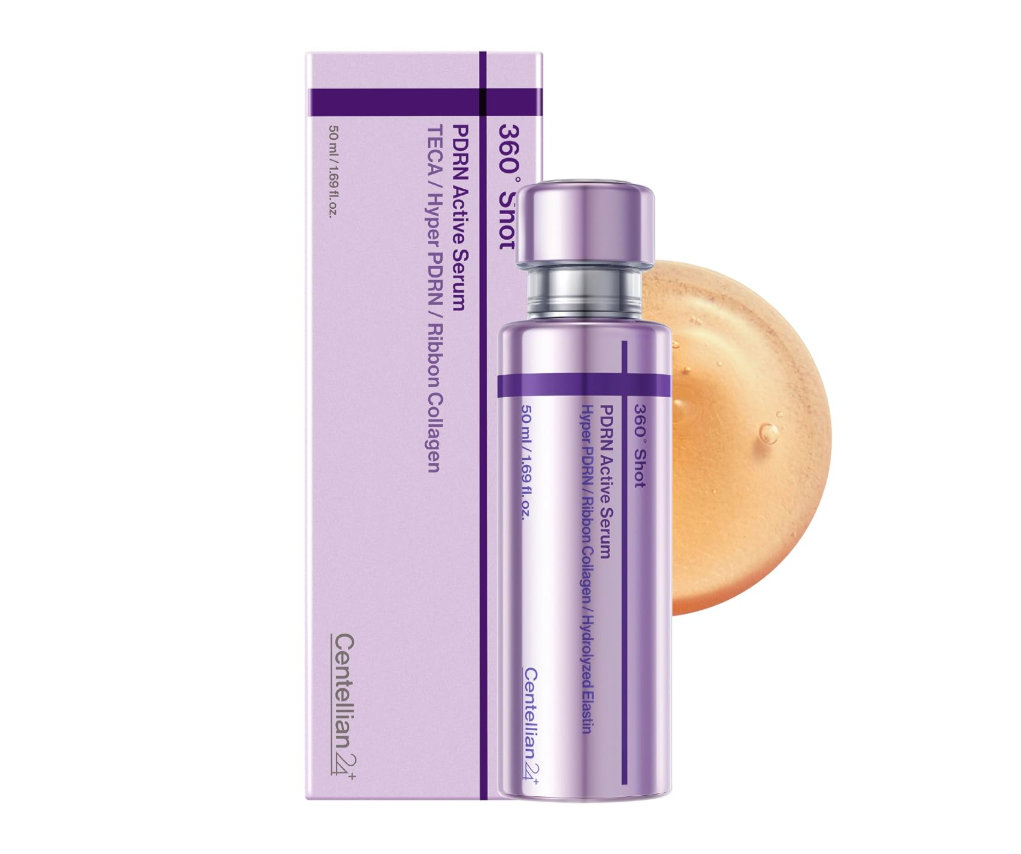 A cosmetic serum bottle with its matching lavender box on a white background, alongside a peach-colored circular swatch. The product is labeled '360° Shot' and 'PDKN Active Serum' by the brand 'Centellian 27'. Centellian24 360° Shot PDRN Active Serum 50ml