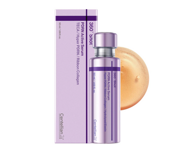 A cosmetic serum bottle with its matching lavender box on a white background, alongside a peach-colored circular swatch. The product is labeled '360° Shot' and 'PDKN Active Serum' by the brand 'Centellian 27'. Centellian24 360° Shot PDRN Active Serum 50ml