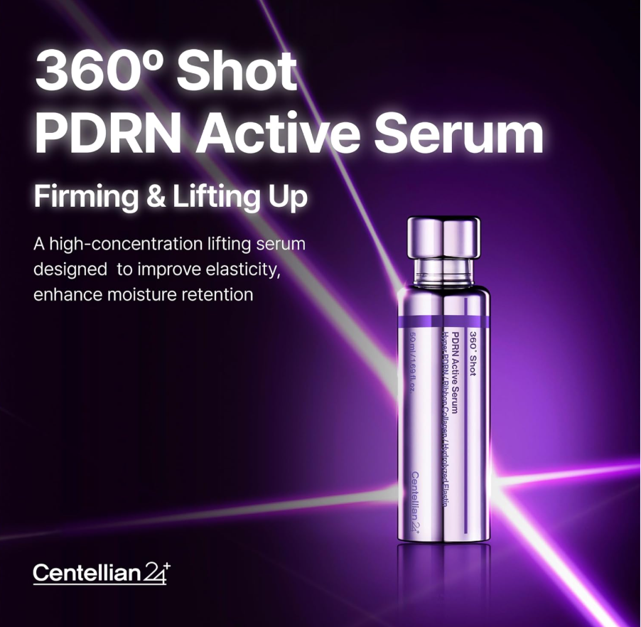 PDRN Active Serum bottle with promotional text on a dark background, Centellian24 360° Shot PDRN Active Serum 50ml