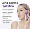 Woman holding a skincare product with text about long-lasting hydration benefits on a white background, Centellian24 360° Shot PDRN Active Serum 50ml