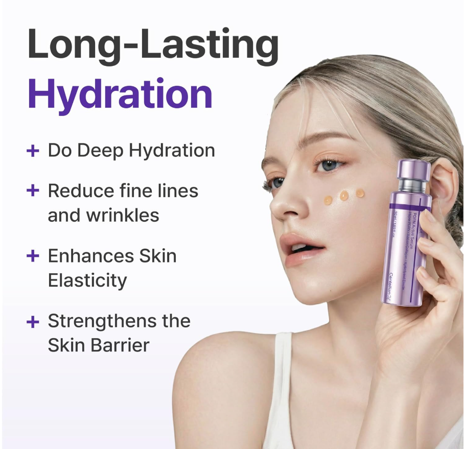 Woman holding a skincare product with text about long-lasting hydration benefits on a white background, Centellian24 360° Shot PDRN Active Serum 50ml
