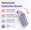 Advertisement for Advanced Hydration Boost with a purple skincare bottle and listed ingredients on a light purple background. Centellian24 360° Shot PDRN Active Serum 50ml