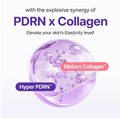 Promotional graphic for a skincare product featuring a translucent purple gel sphere with bubbles and molecular graphics, labeled 'Ribbon Collagen' and 'Hyper PDRN,' with text reading 'with the explosive synergy of PDRN x Collagen' on a white background. Centellian24 360° Shot PDRN Active Serum 50ml