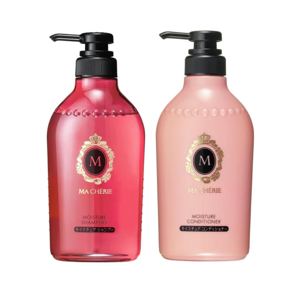 Two Ma Chérie pump bottles on a white background: a translucent pink bottle labeled Moisture Shampoo on the left and a translucent pale pink bottle labeled Moisture Conditioner on the right. MaCherie Moisture Shampoo and Conditioner Hair Care Set 450ml*2