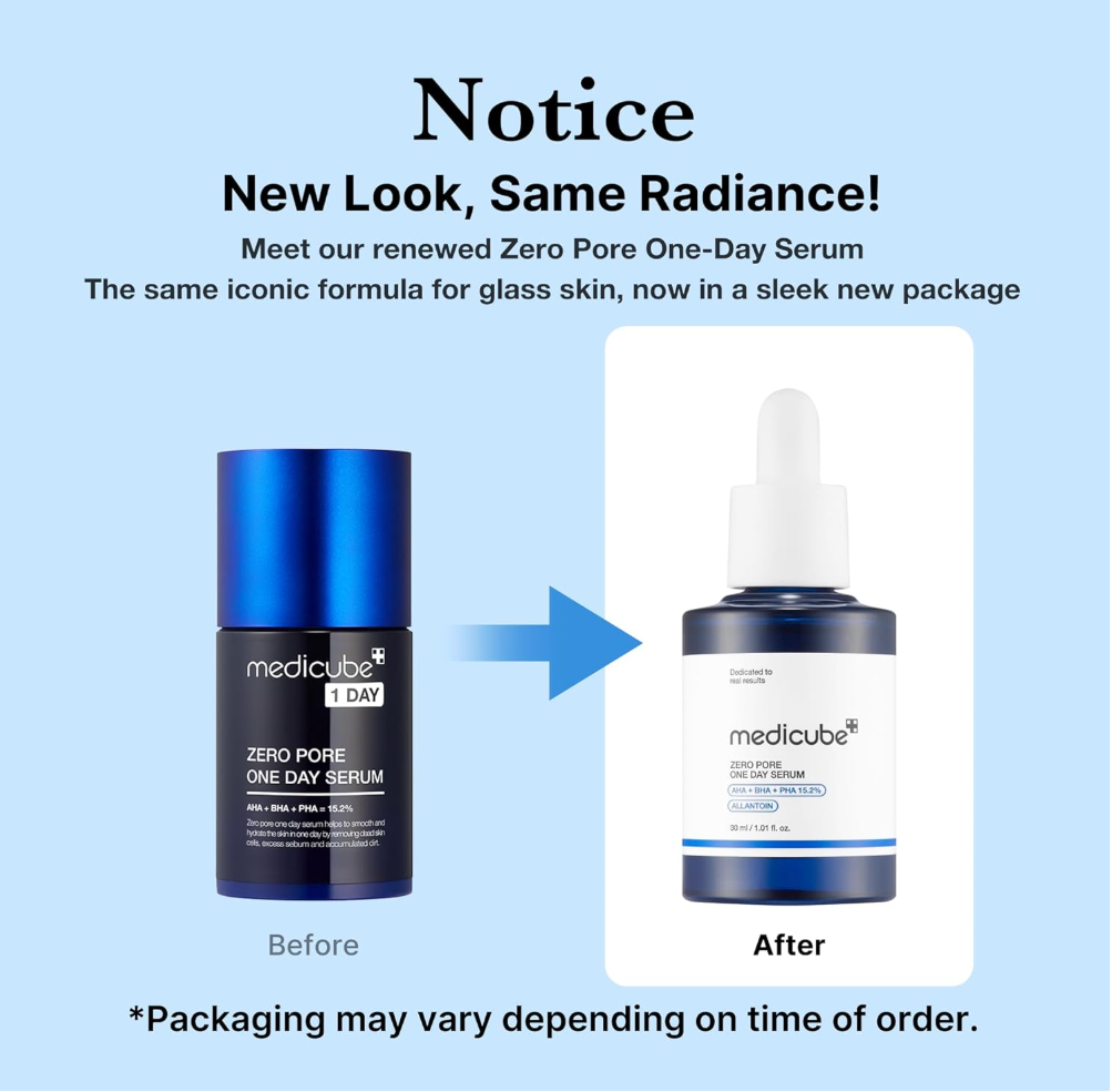 Before and after comparison of Medicube Zero Pore One-Day Serum packaging on a light blue background, Medicube Zero Pore One Day Serum 30ml