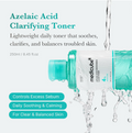 Medlcube Azelaic Acid Clarifying Toner bottle shown on a light gray background with water droplets and text describing its soothing and clarifying benefits, Medicube Azelaic Acid Niacinamide Clarifying Toner 250ml