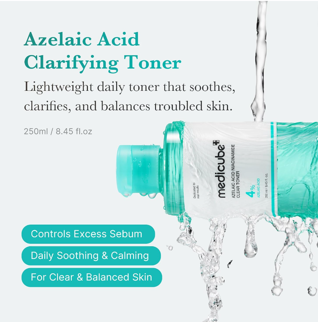 Medlcube Azelaic Acid Clarifying Toner bottle shown on a light gray background with water droplets and text describing its soothing and clarifying benefits, Medicube Azelaic Acid Niacinamide Clarifying Toner 250ml