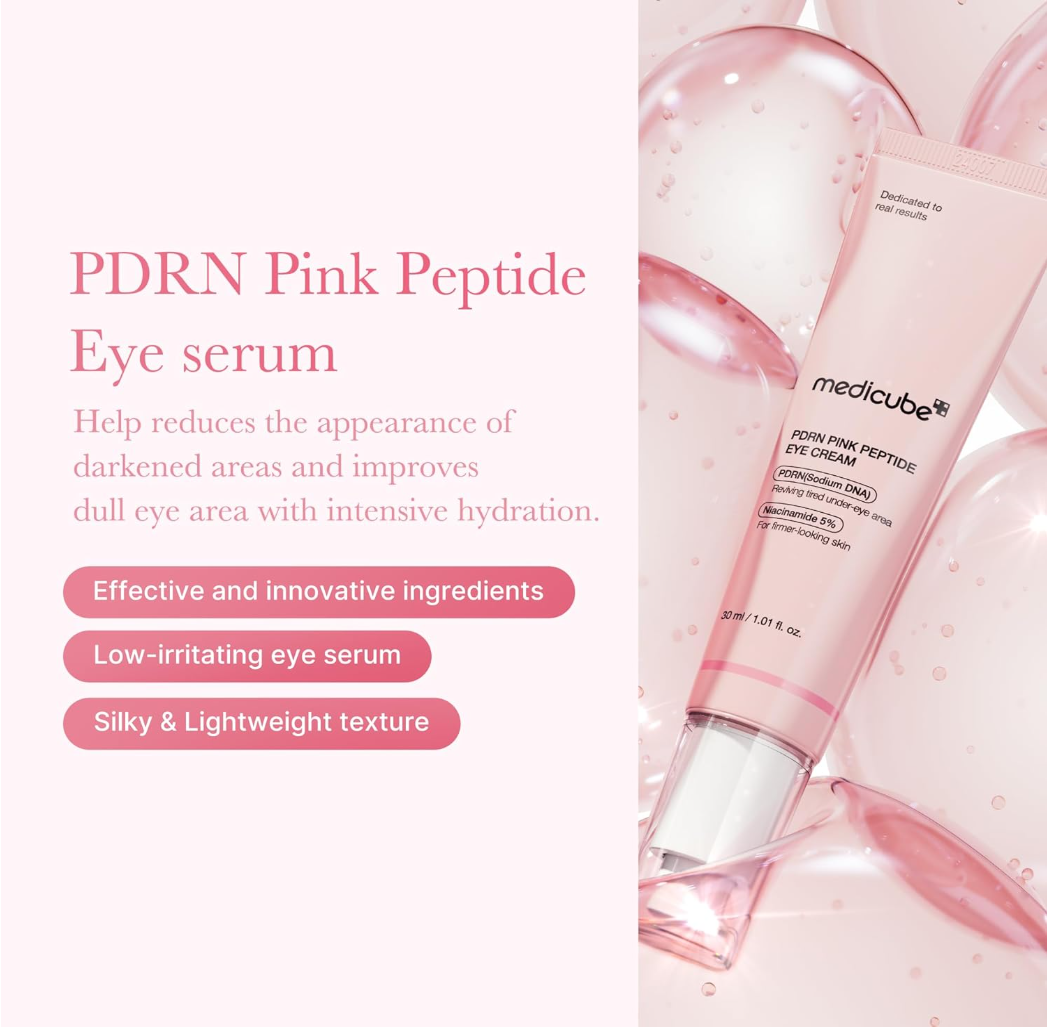 Medicube eye cream tube with pink cream swatch on a white background, Medicube PDRN Pink Peptide Eye Cream 30ml