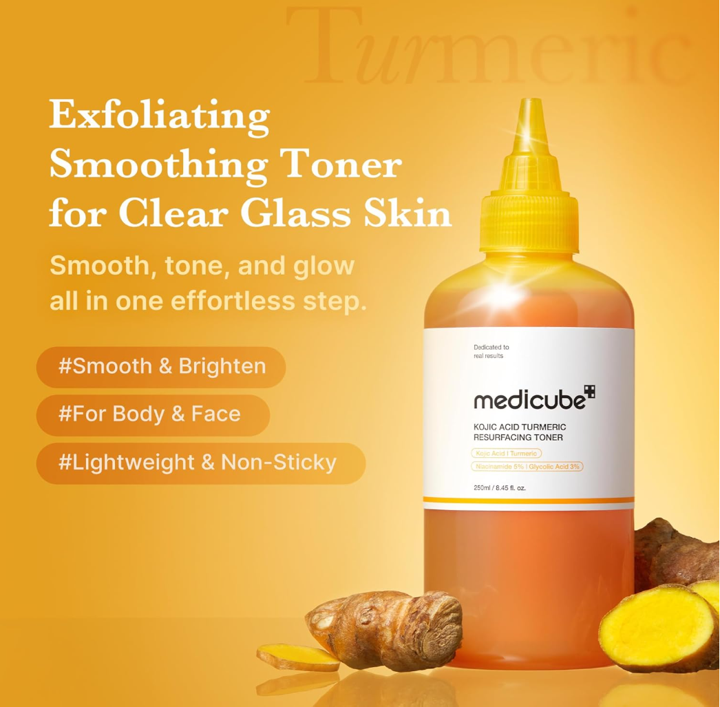 Medicube toner bottle with turmeric root on a yellow background, Medicube Kojic Acid Turmeric Resurfacing Toner 250ml