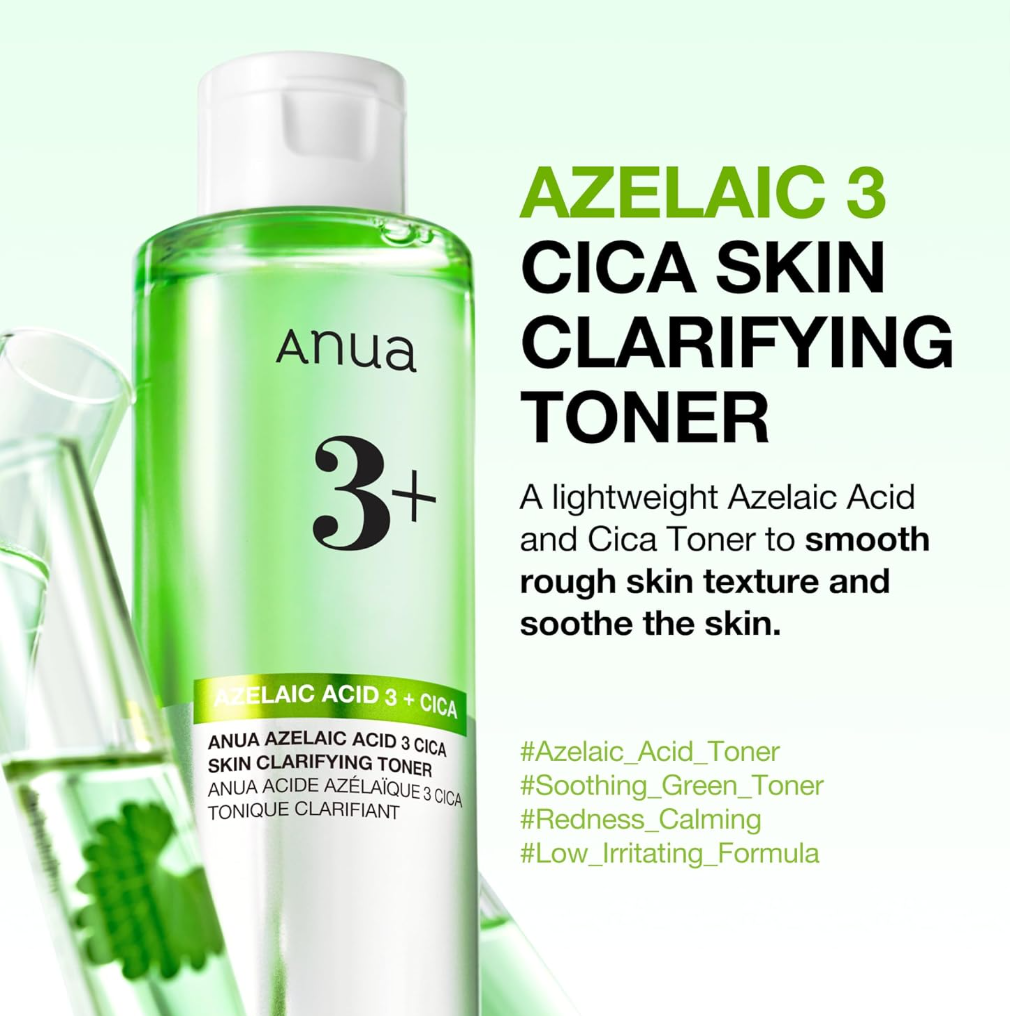 Anua toner bottle with green liquid on a white background, Azelaic Acid 3 Cica Skin Clarifying Toner 250ml