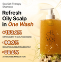 Sea Salt Therapy Shampoo bottle with text highlighting benefits on a light background, Growus Sea Salt Therapy Shampoo 500g