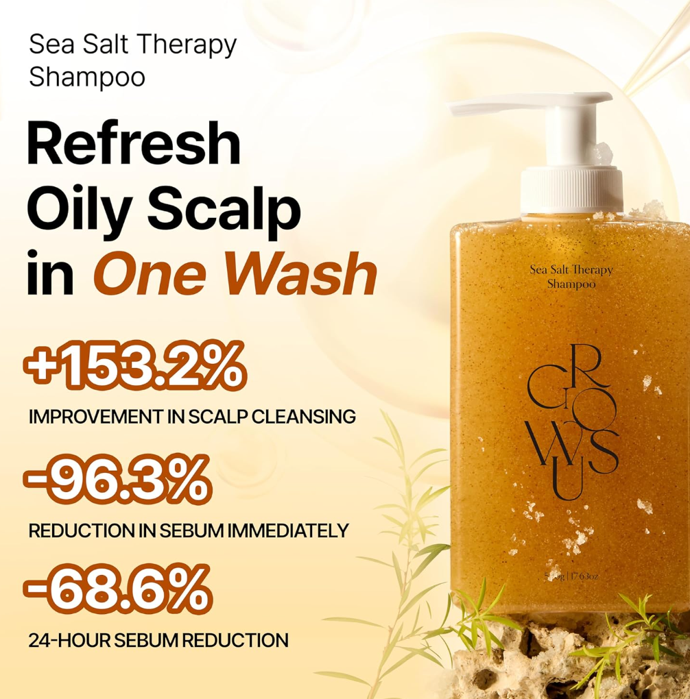 Sea Salt Therapy Shampoo bottle with text highlighting benefits on a light background, Growus Sea Salt Therapy Shampoo 500g