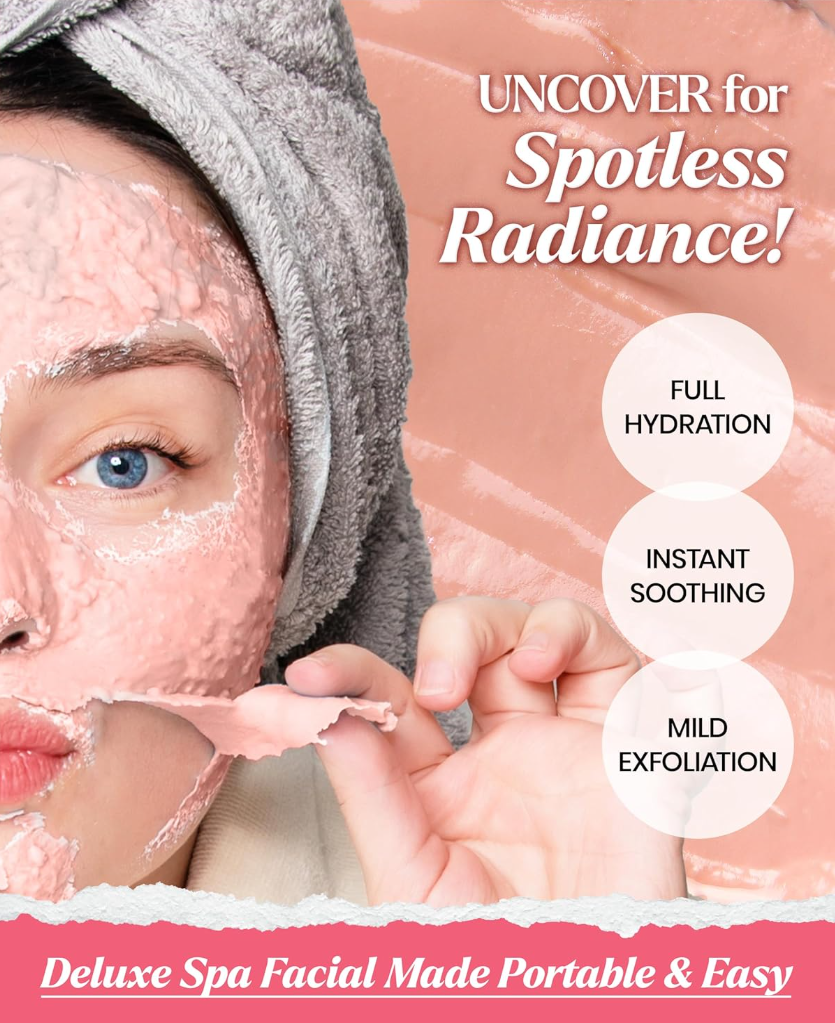Woman applying facial mask with text highlighting product benefits on a pink background, Lindsay Pearl Modeling Mask Cup Pack 28g