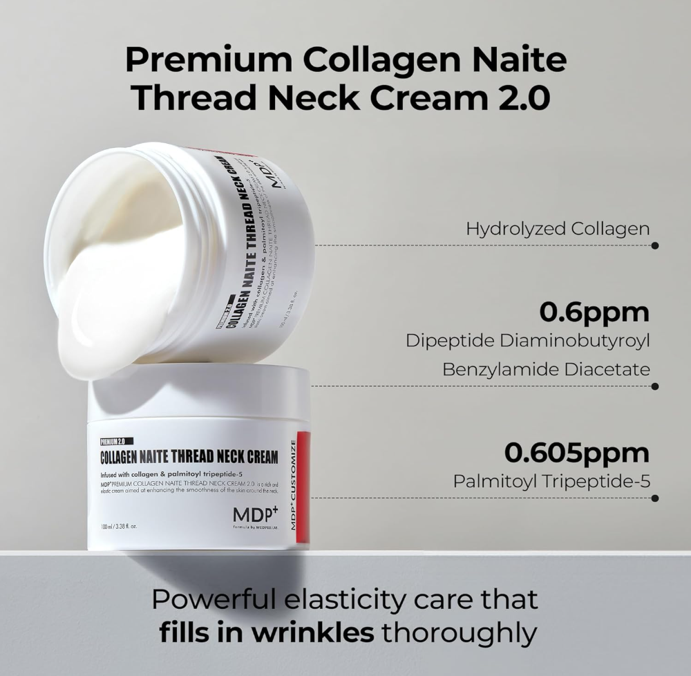 Collagen Naite Thread Neck Cream 2.0 with product details on a gray background, Medipeel Collagen Naite Thread Neck Cream 100ml
