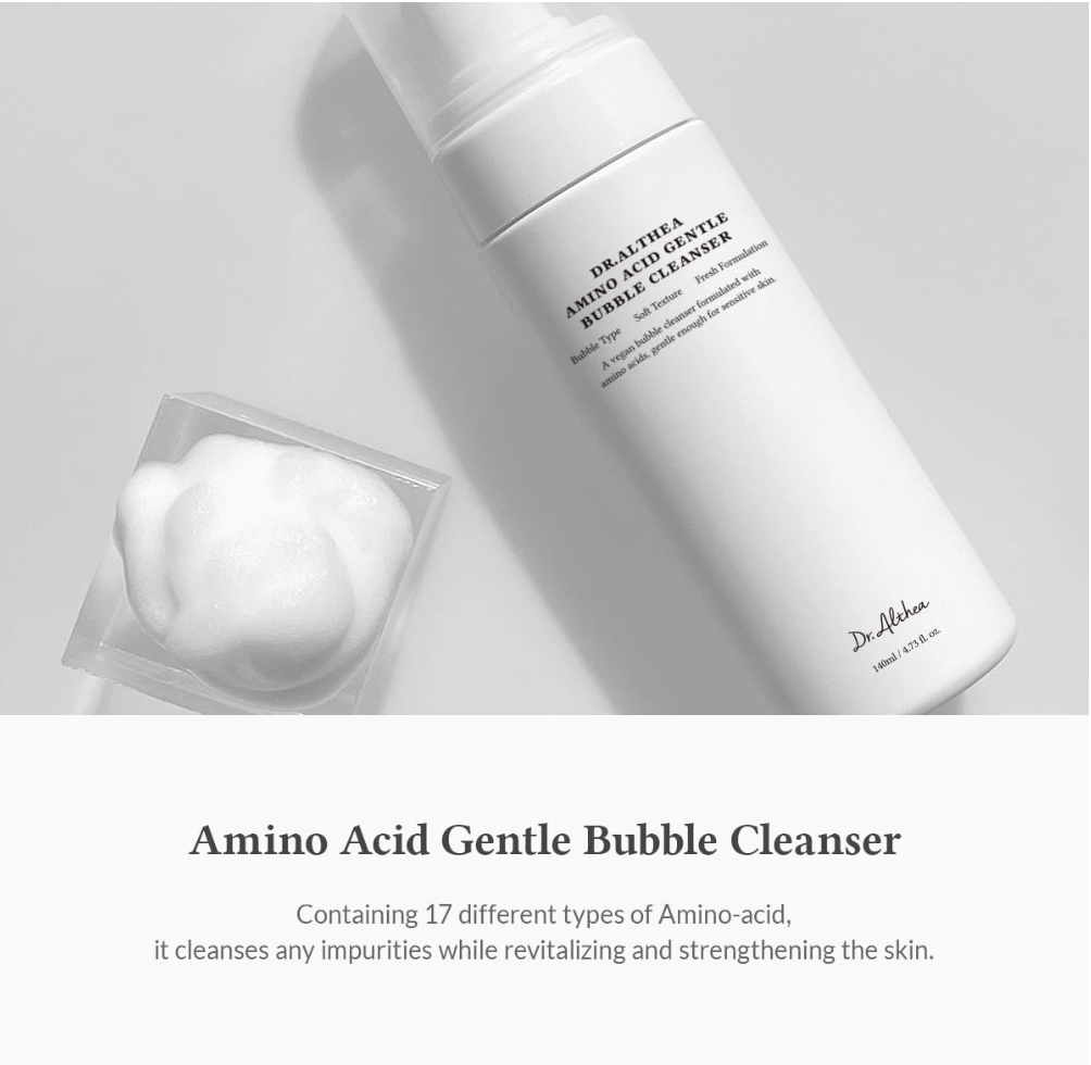 Amino Acid Gentle Bubble Cleanser with packaging on a light gray background, Dr.Althea Amino Acid Gentle Bubble Cleanser 140ml