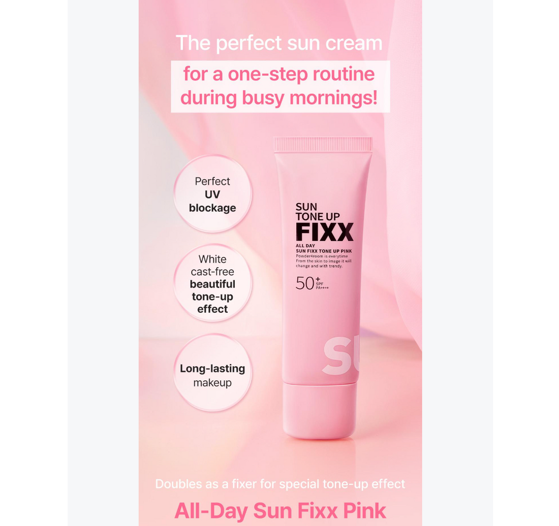 A pink squeeze tube of FIXX Sun Tone Up All Day SPF 50+ sunscreen, shown against a plain white background. So.Natural All Day Sun Fixx Tone Up Pink SPF50+ PA++++ 50ml