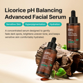 Two bottles of Arwell Licorice pH Balancing Advanced Facial Serum on a wooden surface with text about product benefits, Acwell Licorice pH Balancing Advance Serum 30ml