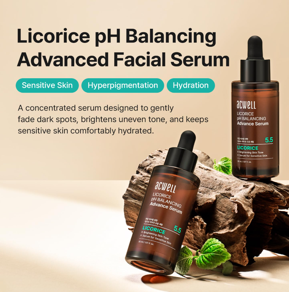 Two bottles of Arwell Licorice pH Balancing Advanced Facial Serum on a wooden surface with text about product benefits, Acwell Licorice pH Balancing Advance Serum 30ml
