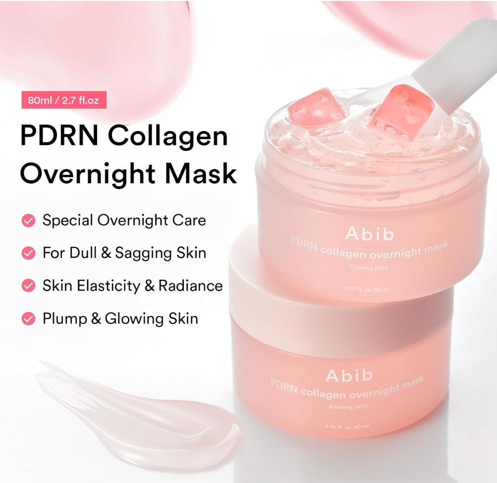 Two jars of Abib PDRN Collagen Overnight Mask in a soft pink color, shown with a white spatula on a clean white background with promotional text on the left, Abib PDRN Collagen Overnight Mask Face Firming Jelly (2.7fl oz / 80ml)