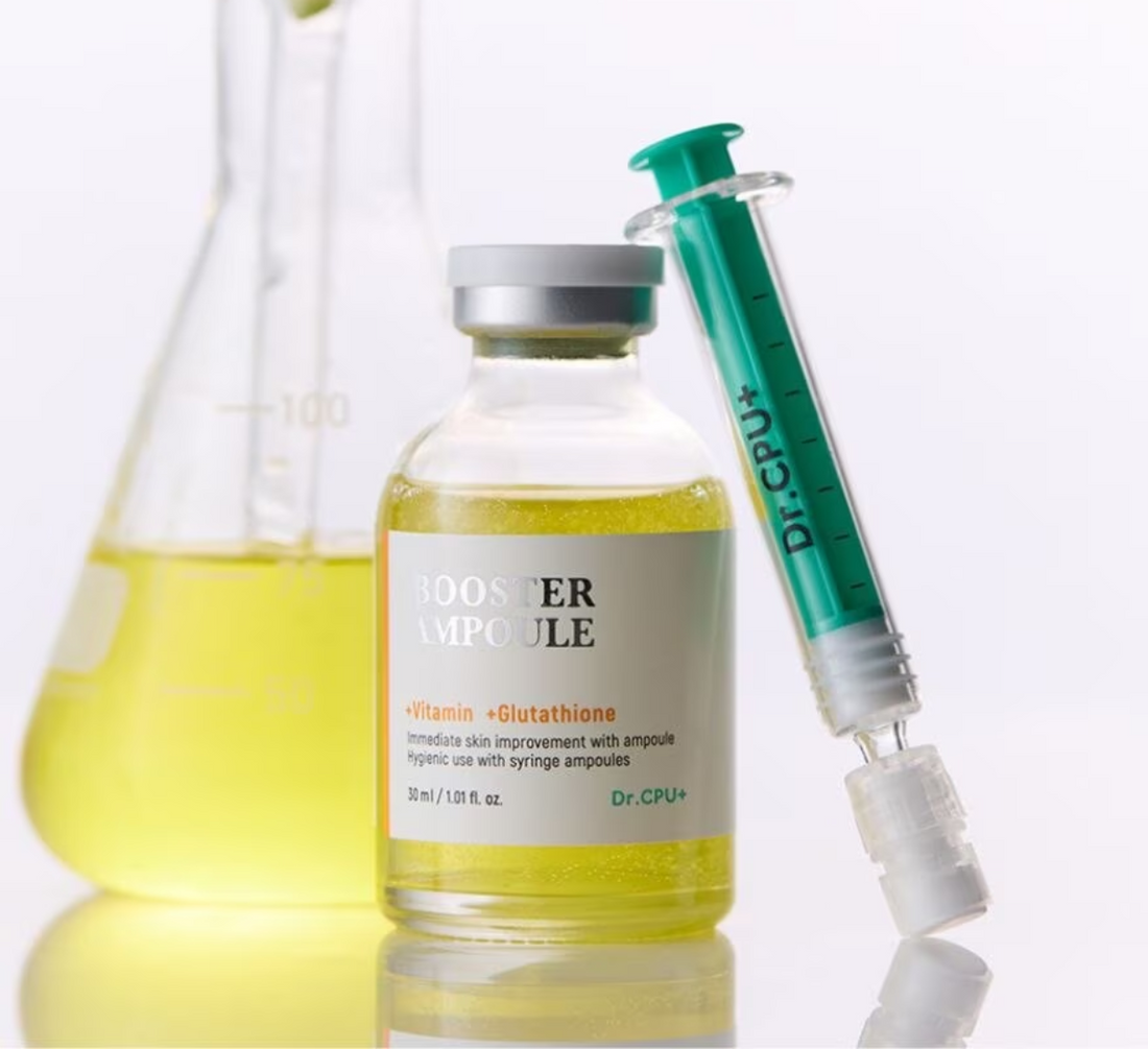 Packaging of Dr. CPU skincare product with syringe and bottle on a white background, Dr.cpu+ Vitamin + Glutathione Booster Ampoule 30ml