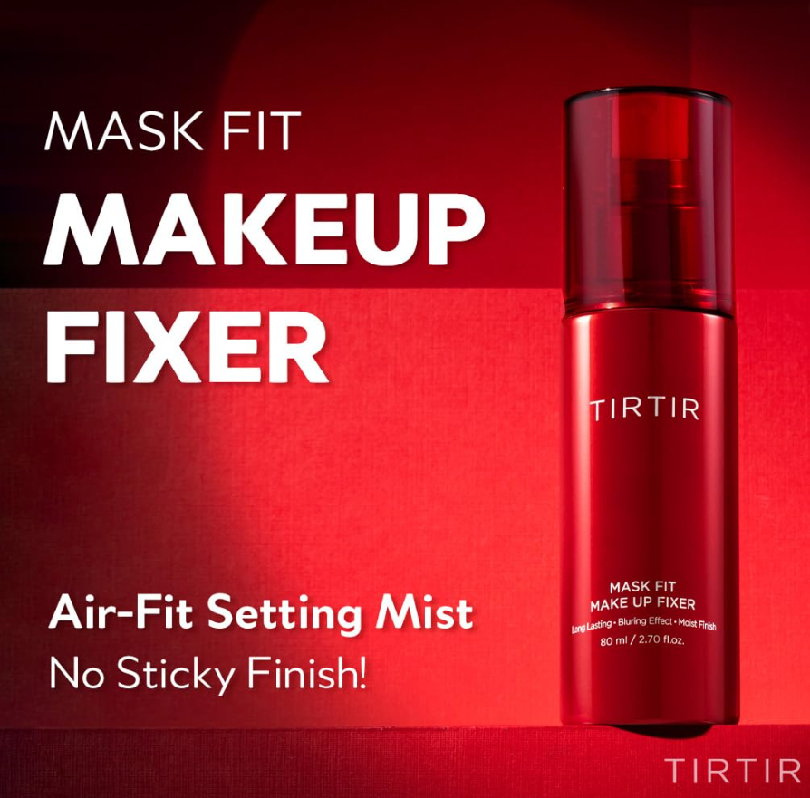 Red bottle of TIRTIR Mask Fit Makeup Fixer on a red background, TIRTIR Mask Fit Make-up Fixer
