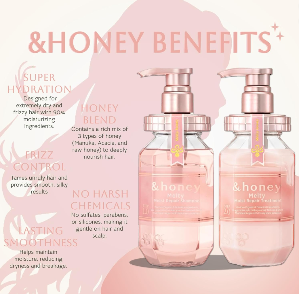 Two bottles of &honey shampoo and conditioner with pink pumps on a white background, &Honey Melty Moist Repair Japanese Shampoo & Conditioner Set 440ml x2