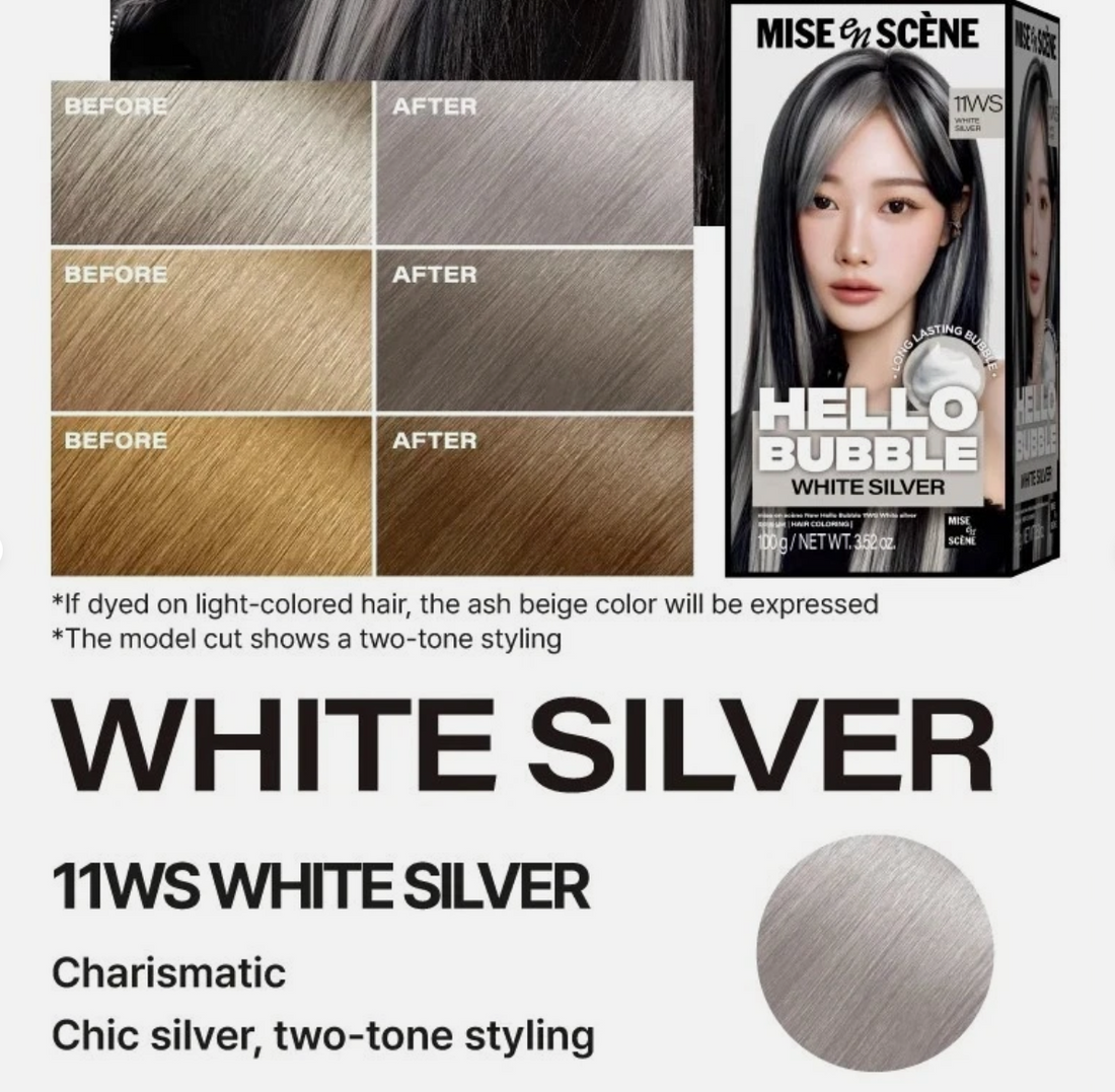 Mise en Scène Hello Bubble White Silver hair dye packaging, featuring a model with highlighted white and silver hair on the front. Hello Bubble White Silver 11WS