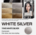 Mise by Scene Hello Bubble White Silver hair dye packaging and shade chart. The image features a model with ash blonde hair, six 'Before' and 'After' hair swatches showing a color shift from light beige to ash brown, and a circular swatch of the final white silver color. Hello Bubble White Silver 11WS
