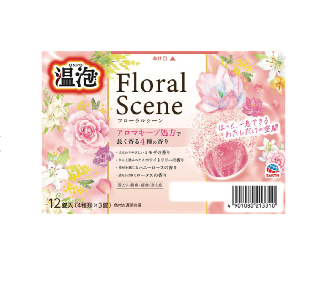 A box of ONO Oto Floral Scene Aromacide perfume powder, featuring a pink floral design with illustrations of roses, lilies, and a pink powder bottle, on a white background. Earth ONPO Floral Scene Bath Tablet 12pcs