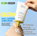 Goodal Vita-C sunscreen tube with hands applying it against a light blue background, Goodal Green Tangerine Vita C Dark Spot UV Defense Sunscreen Spf 50 50ml