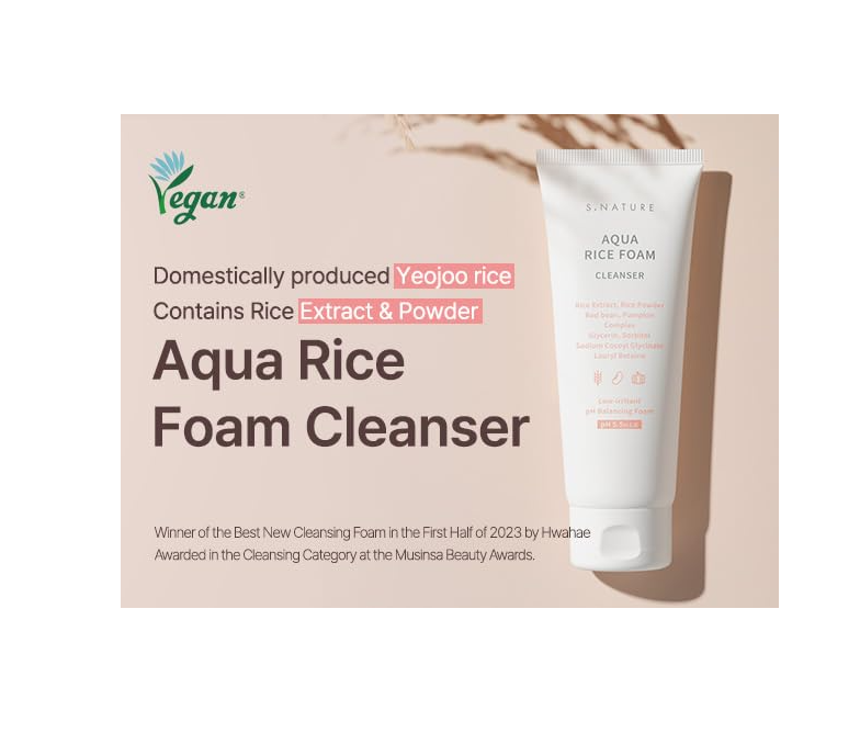 Aqua Rice Foam Cleanser packaging with a tube on a beige background, S.nature Aqua Rice Foam Cleanser 80ml