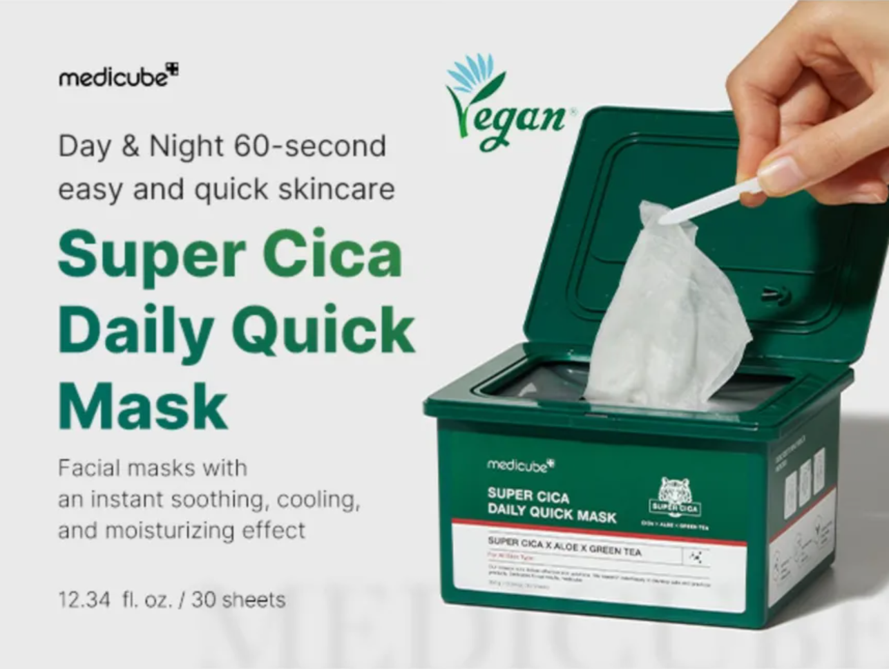 Medicube Super Cica Daily Quick Mask packaging with a hand taking out a mask, on a white background, Medicube Super Cica Daily Quick Mask 30sheets 350g