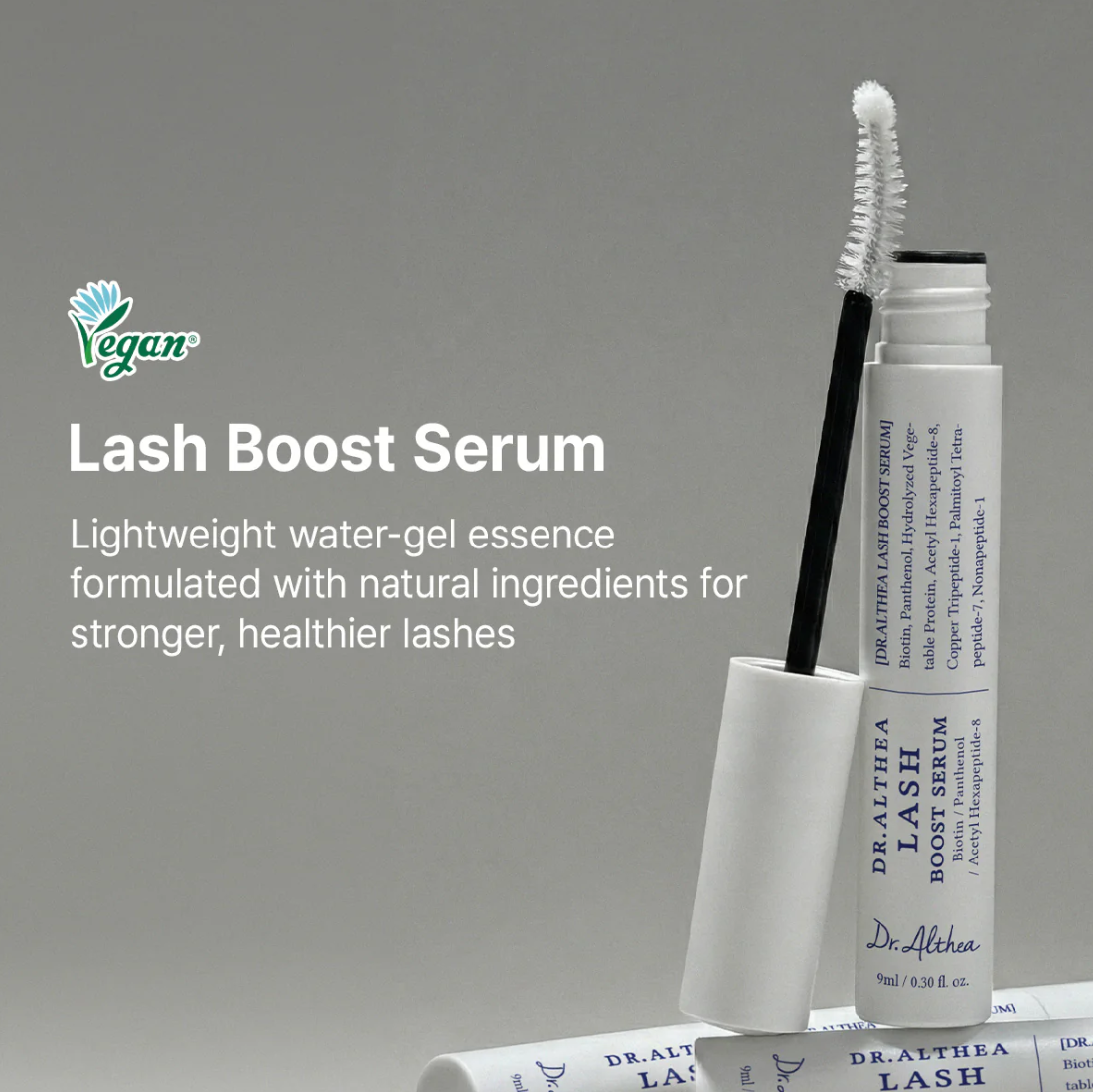 Lash boost serum with applicator on a gray background, featuring the Dr. Althea brand, DR.ALTHEA Lash Boost Serum 9ml
