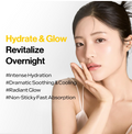 Woman applying cream to her face with text about skincare product benefits on a white background, D'Alba Waterfull Vegan Sleeping Pack 4ml x12 pcs