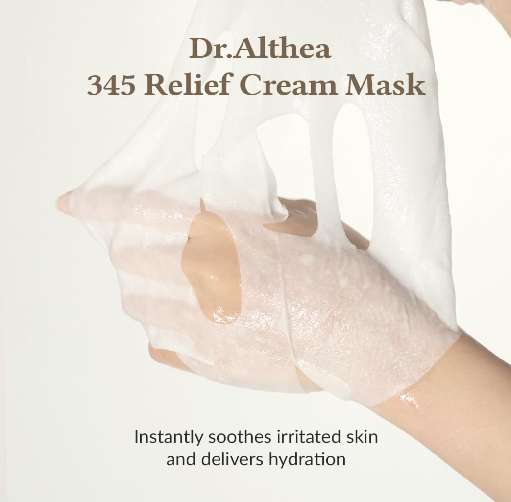 Sheet mask with packaging and application sheet on a white background, Dr. Althea 345 Relief Cream Mask 4pcs