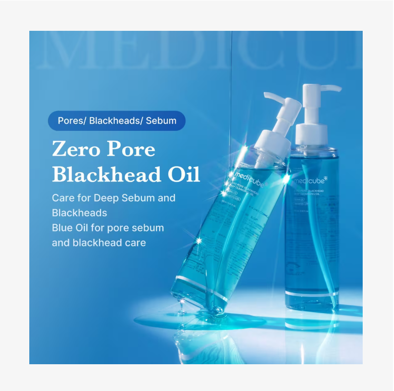 Blue skincare product bottles with text on a blue background, Medicube Zero Pore Blackhead Deep Cleansing Oil 205ml