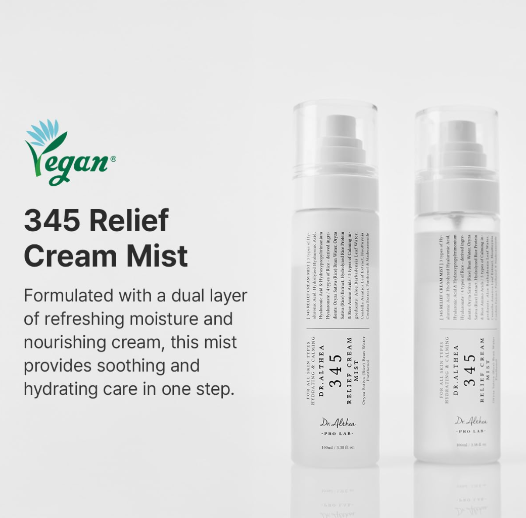 Skincare bottle with droplets on a white background, Dr.Althea 345 Relief Cream Mist 100ml