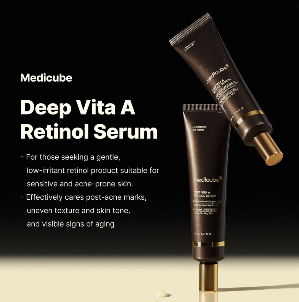 Medicube Deep Vita A Retinol Serum with product description on a black background, Medicube Deep Vita A Retinol Serum 30ml