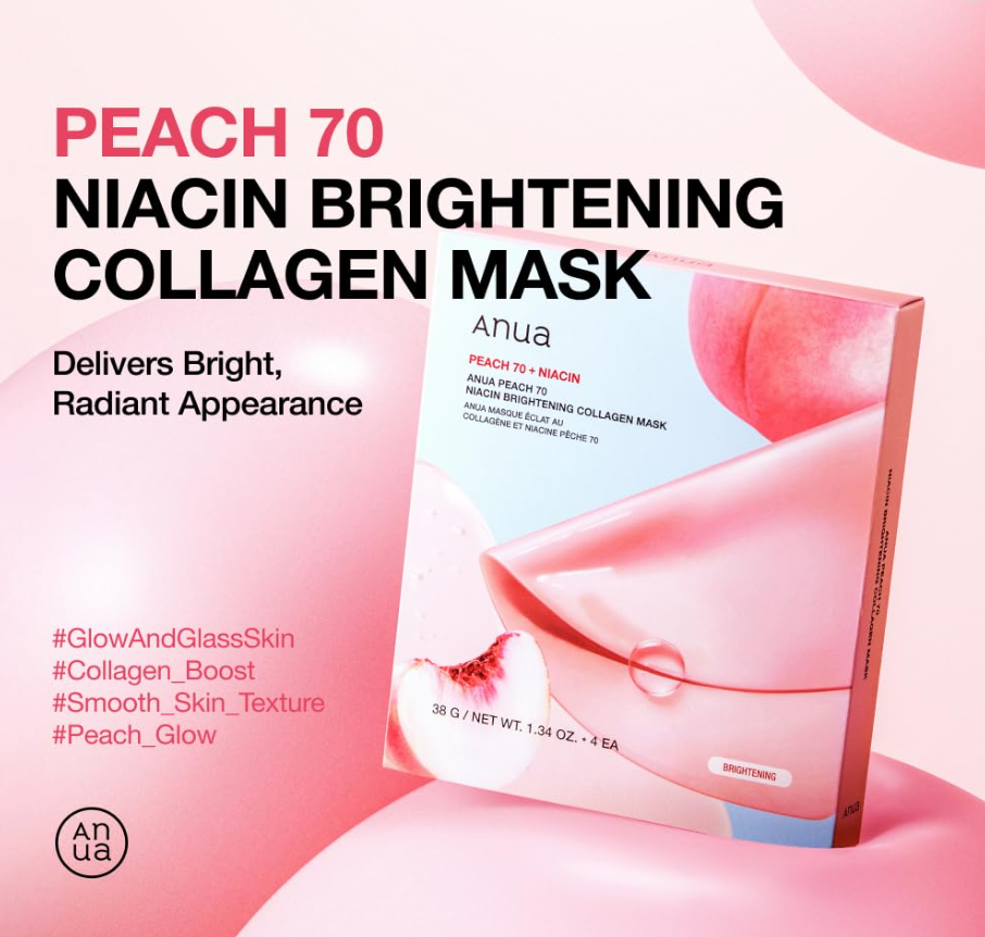 Anua Peach 70 Niacin Brightening Collagen Mask packaging on a pink background, Anua Peach 70 Niacin Brightening Collagen Mask 4ea