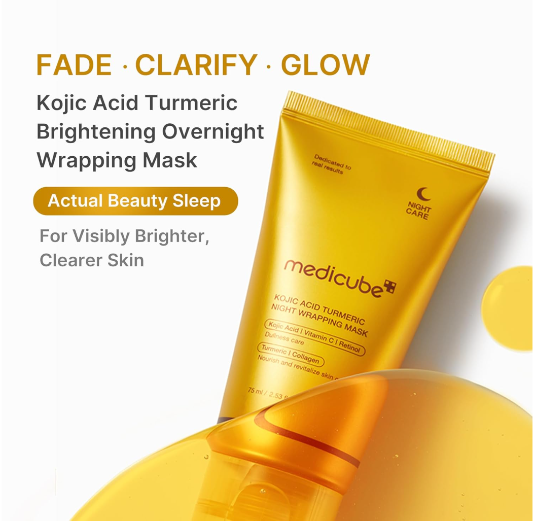 Yellow tube of Medicube night care mask on an orange background, Medicube Kojic Acid Turmeric Night Wrapping Mask 75ml