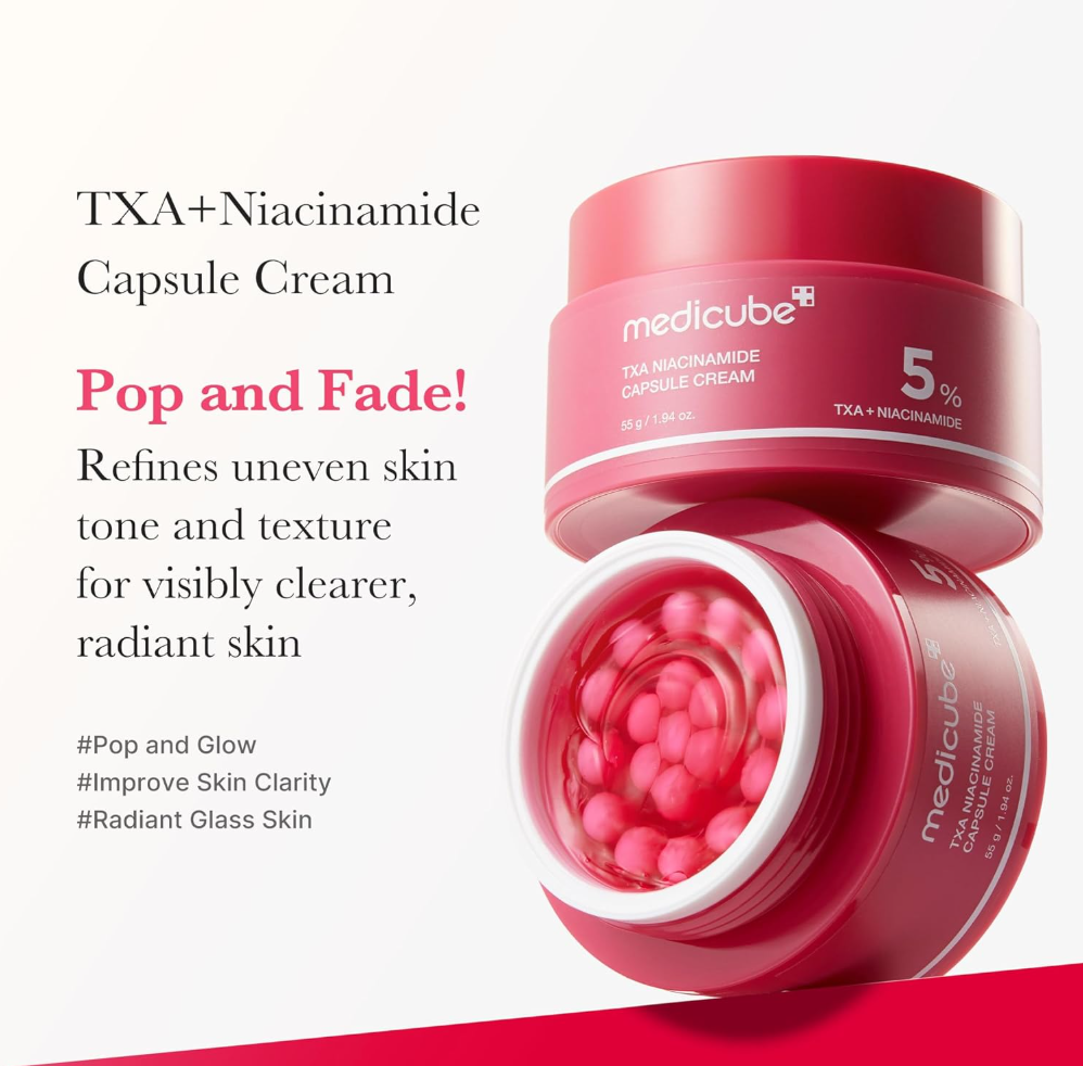 Red jar of Medicube TXA Niacinamide Capsule Cream with pink cream and capsules on a white background, Medicube TXA Niacinamide Capsule Cream 55g